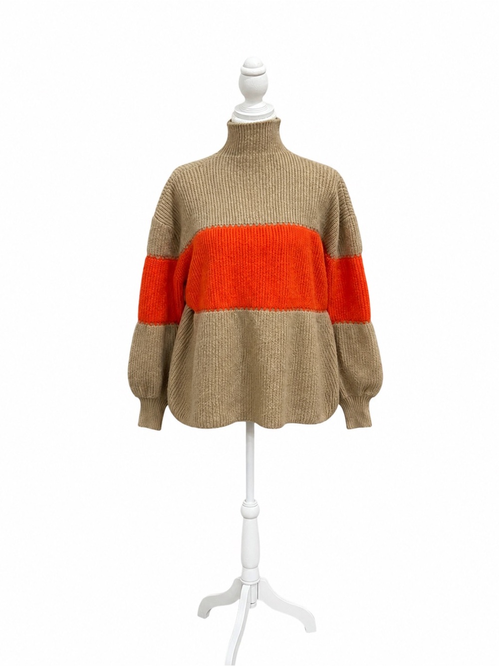 THML Size M Orange Taupe Colorblock Chunky Knit Turtleneck Sweater